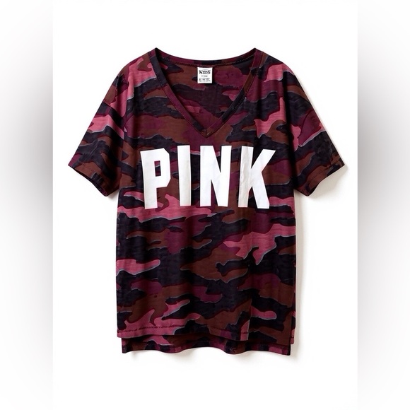 PINK V-Neck Camo T-Shirt - Red & Black Camouflage Tee size medium - Picture 8 of 11